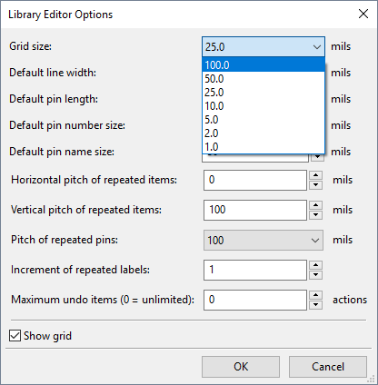Screenshot of Library Editor Options, highlighting the 100.0 mils option for Grid size